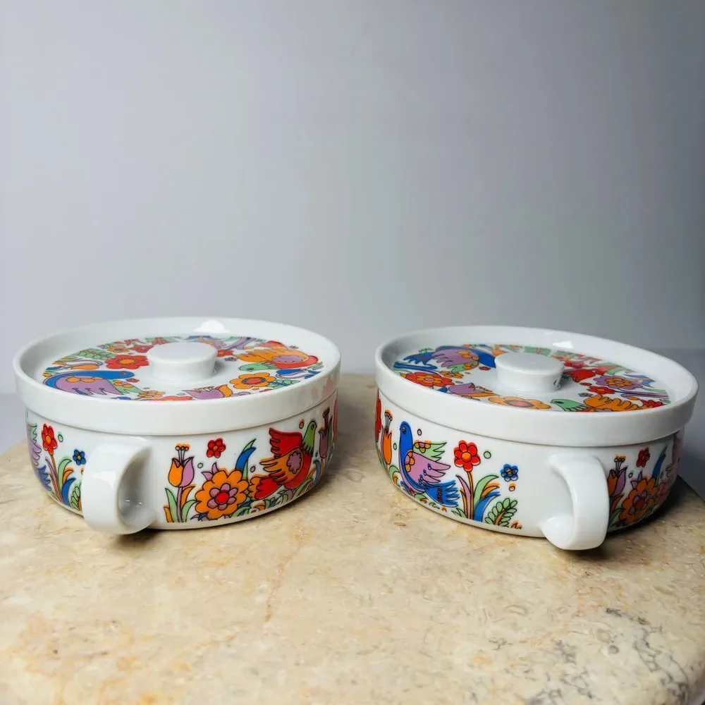 3 Vintage Crown Royal Porcelain Paradise Pattern Bowl & Lid Oven proof 3697‎